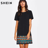 SHEIN Aztec Embroidered Hem Dress Black Short Sleeve Round Neck A Line Boho T-shirt Dress Casual Ladies Dresses