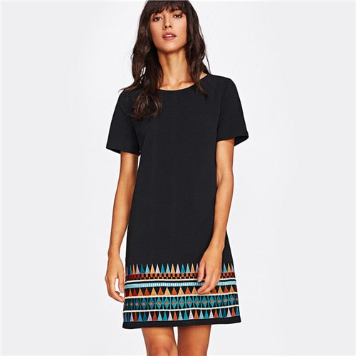 SHEIN Aztec Embroidered Hem Dress Black Short Sleeve Round Neck A Line Boho T-shirt Dress Casual Ladies Dresses