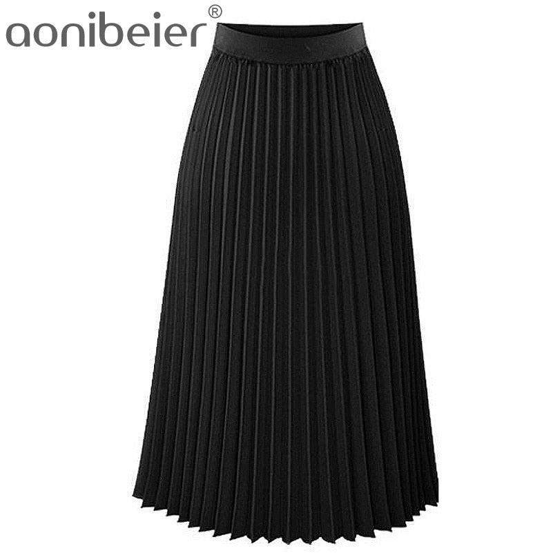 Women's High Waist Pleated Solid Color Length Elastic Skirt