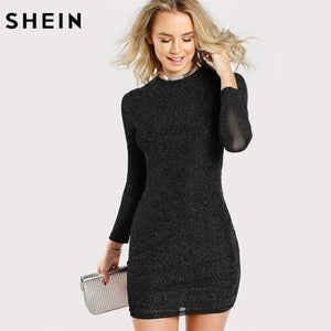 SHEIN Glitter Form Fitting Tee Dress Black Women Dress Long Sleeve Sexy Bodycon Dress Autumn Elegant T-shirt Dress