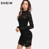 SHEIN Party Dress Women Sexy Bodycon Dress Black Long Sleeve Stand Collar Transparent Sheer Mesh Overlay 2 In 1 Dress