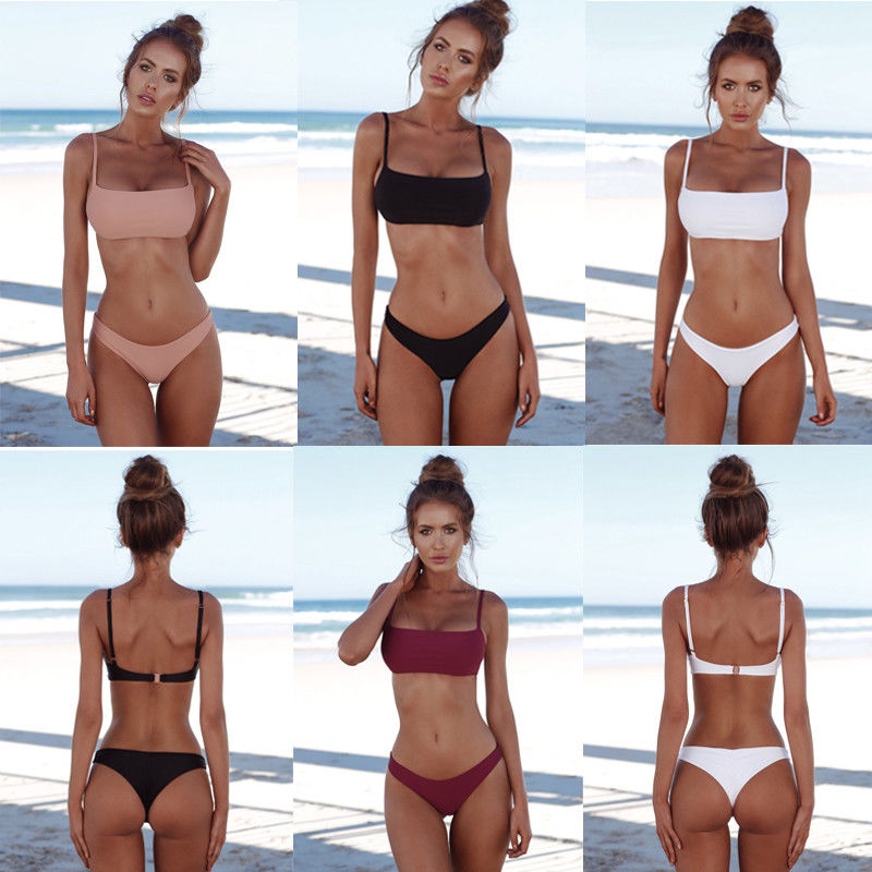 Women Solid Bikini Set Push-up Unpadded Bra Swimsuit