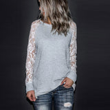 Fashion Womens Casual Lace Long Sleeve Crop O-Neck Pullover T-Shirt Blouse Tops