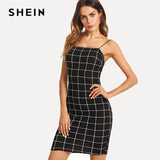 SHEIN Spaghetti Strap Grid Bodycon Dress 2018 Summer Spaghetti Strap Sleeveless Plaid Party Sexy Short Dress Women Black Dress