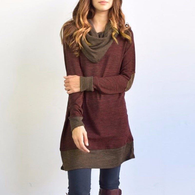 Elbow Patches Cowl Neck Femme Long Tops