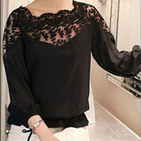 Women 3\4 Sleeve Lace Hollow Casual Chiffon Blouse Crop Tops