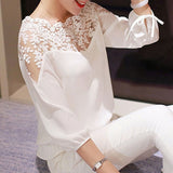 Women 3\4 Sleeve Lace Hollow Casual Chiffon Blouse Crop Tops